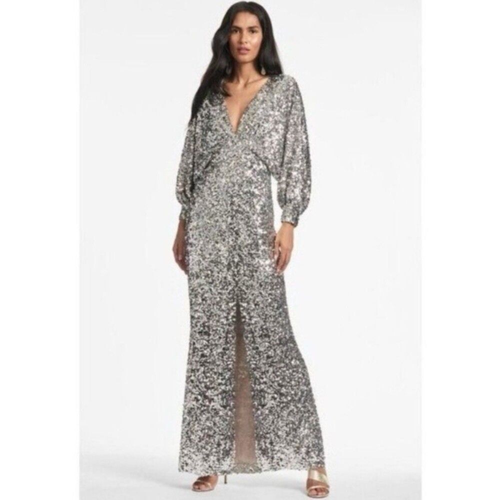 Sachin & Babi Gabby Gown Silver Sequin Maxi Dress Long Sleeve V Neck Slit 8 NEW